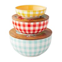 The Pioneer Woman Floral Check 3-Piece Ceramic Lidded Bowl Set