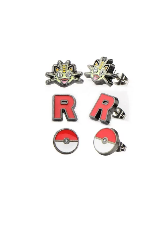 Pokemon Meowth, Team Rocket Logo, & Pokeball Stud Stainless Steel Earrings Set