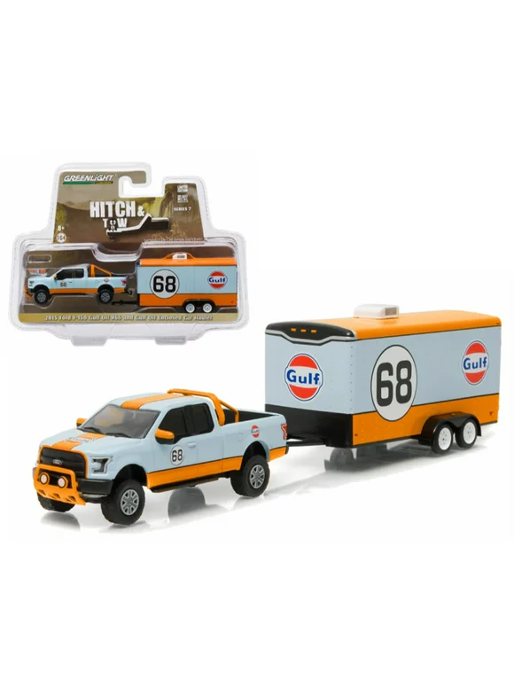 2015 Ford F-150 Pickup Truck #68 Gulf Oil and Enclosed Car Hauler Hitch & Tow Series 7 1/64 Diecast Car Model by Greenlight