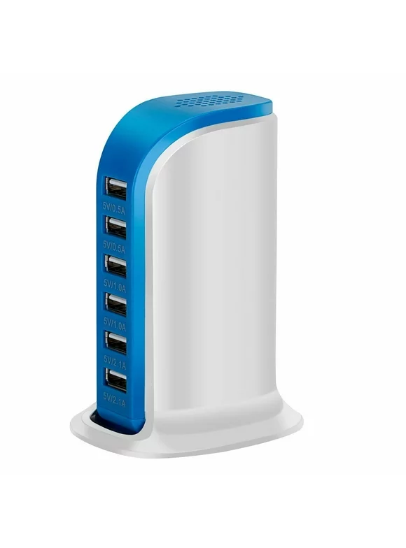 GoldCherry USB Desktop Charger 6-Port USB Charging Station Rapid Hub Charger 6A 30W Travel Adapter for Galaxy Note 10,iPhone X/XS/XS MAX Plus,iPad,LG,HTC(Blue)