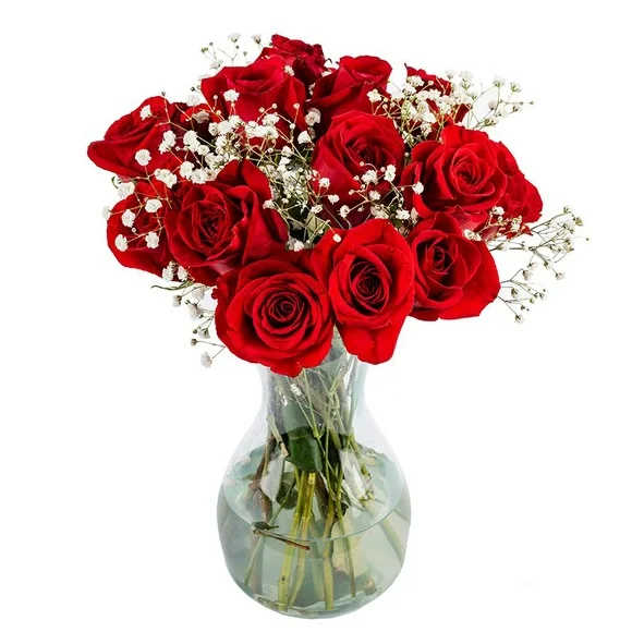 18  Red Roses with Baby's Breath by Arabella Bouquets in a Free Elegant Hand-Blown Glass Vase (Fresh-Cut Flowers, Red)