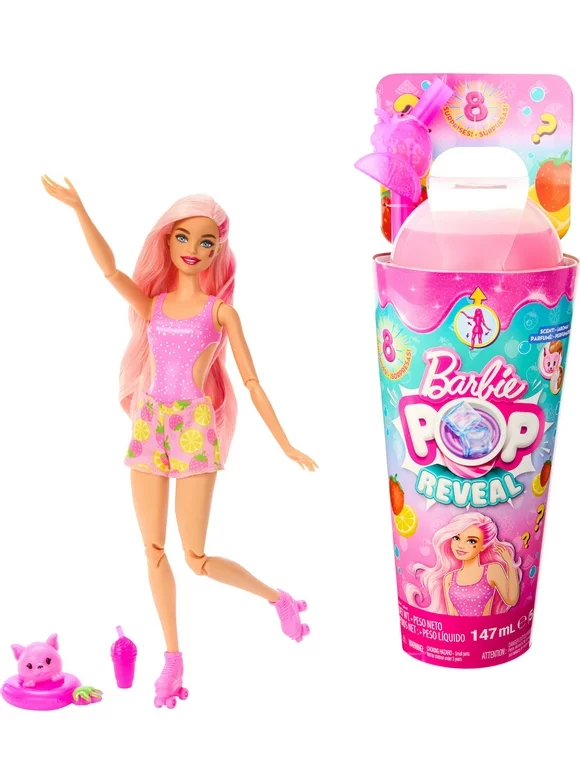 Barbie Pop Reveal Fruit Series Strawberry Lemonade Doll, 8 Surprises Include Pet, Slime, Scent & Color Change