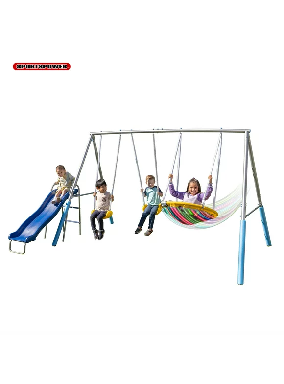 Sportspower Comet Metal Swing Set with LED Light up Saucer Swing, 2 Swings, and 5' Double Wall Slide with Lifetime Warranty