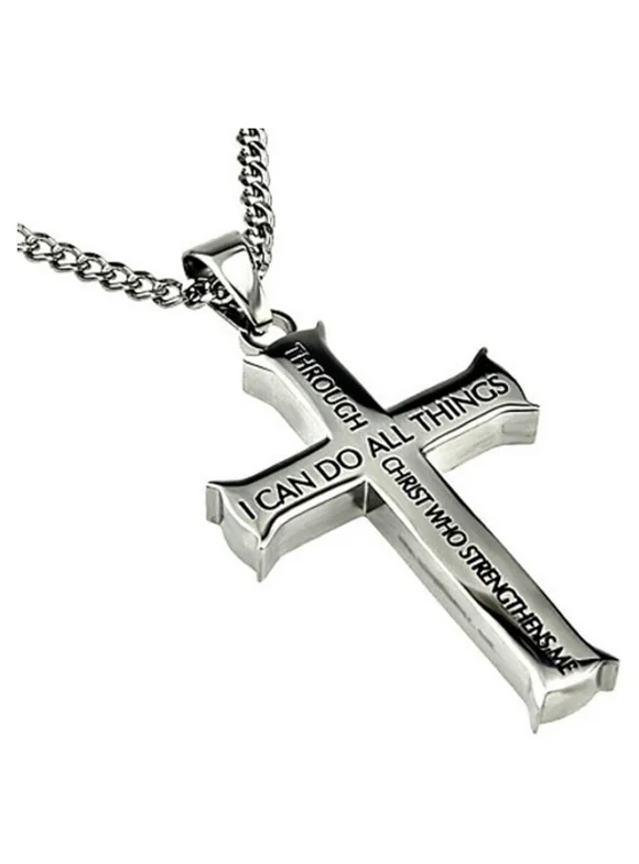 Philippians 4:13 Jewelry Cross Necklace STRENGTH Bible Verse Stainless Steel 20 inch Curb Chain