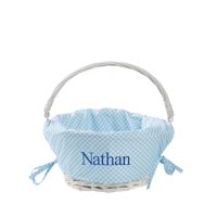 Personalized Easter Basket with Blue and White Checkered Liner and Custom Name Embroidery, Blue Letters