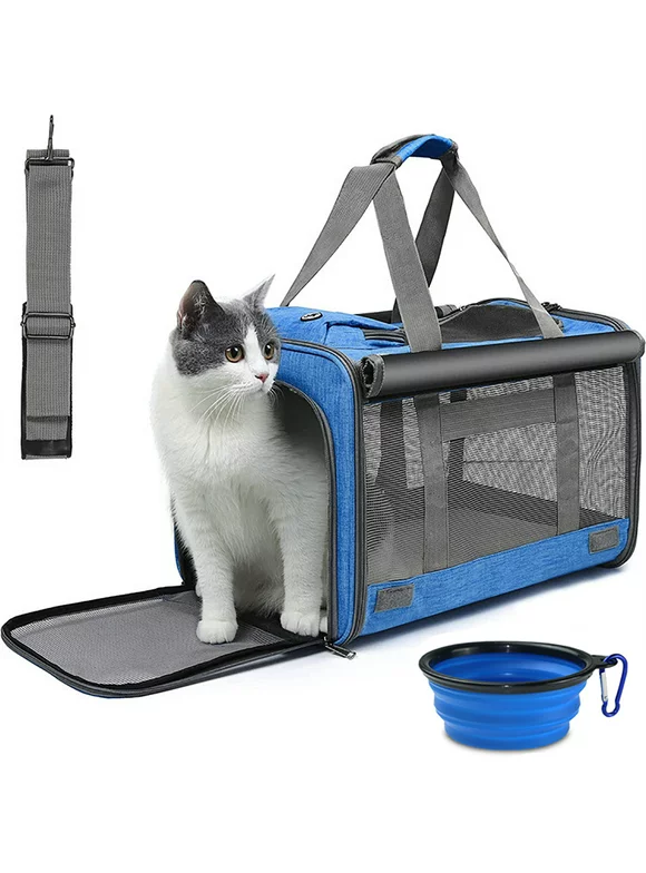 Xueyu Portable Cat Carrier Pet Travel Carrier Bag for Small Medium Dogs Cats up to 20LB with a Bowl, TSA Airline Approved, Blue