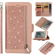 Zipper Wallet Case for iPhone 8 Plus iPhone 7 Plus 5.5-inch, Allytech Bling Glitter Leather Case with 9 Credit Card Holder Flip Magnetic Closure Stand Cover with Cash Pocket and Hand Strap, Pink