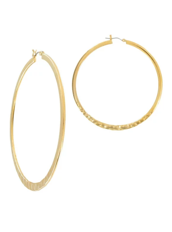 Yellow Gold Tone Hammered 2 3/4" Large Oversized Hoop Earrings Ladies Adult Female Women