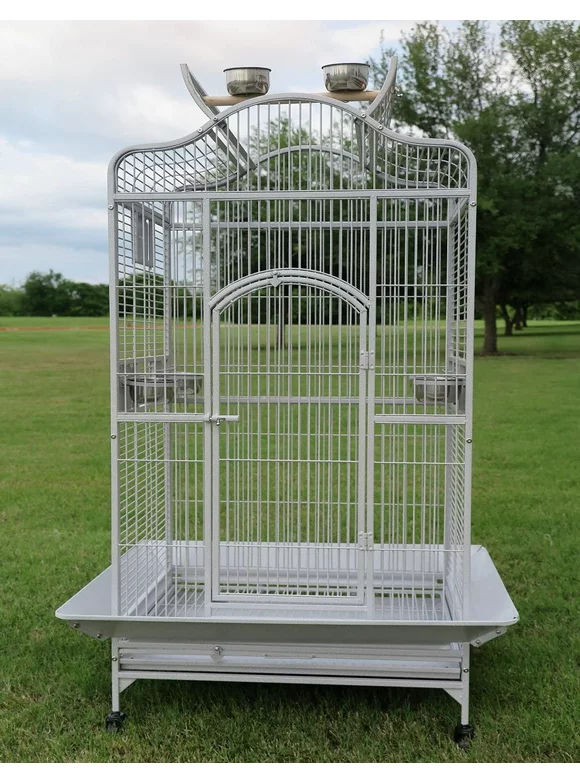 Extra Large 28" x 22" x 59"H Elegant and Durable Wrought Iron Open Play Top Stand Perch for Macaw Cockatoo Cockatiels African Grey Amazon Parrot Green Cheek Conures Caique Bird Cage with Rolling Stand