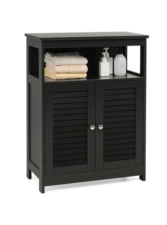 Costway Bathroom Storage Cabinet Wood Floor Cabinet w/ Double Shutter Door Black