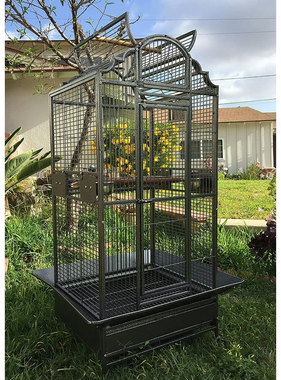 Large Elegant and Durable Wrought Iron Open Play Top Perch Stand Bird Parrot Rolling Cage, Include Metal Seed Guard Solid Metal Feeder Breeding Nest Doors