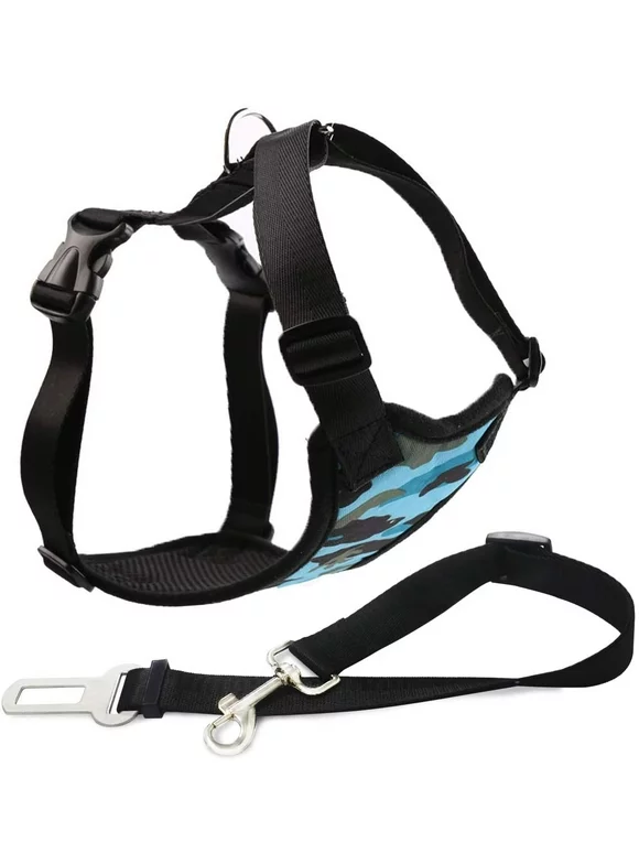 Dog Safety Vest Harness with Safety Belt for Most Car, Travel Strap Vest with Car Seat Belt Lead Adjustable Lightweight and Comfortable Black for Small Medium Large Dogs