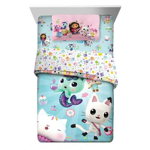 Gabby's Dollhouse Kids Twin Bed in a Bag, Comforter and Sheets, Pink and Blue, DreamWorks