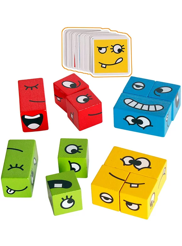 Evelyn Face-Changing Cube Building Blocks for Children, Wooden Funny Expression Puzzle Colorful for Kids, 2022 New