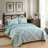 Green Diamond Printed 3 Piece Quilt Bedding Set, Full/Queen Size Bedspread Lightweight,Decorative