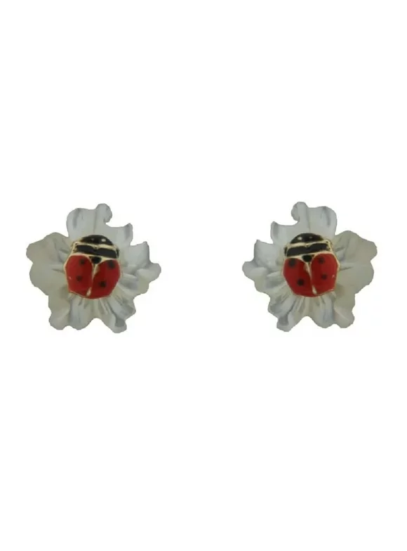 18K Solid Yellow Gold Tiny Red Lady Bug over Acrylic Flower Covered Screwback Earrings