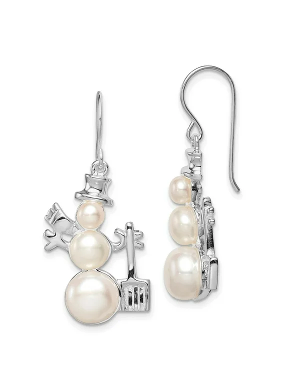 Three Cultured Pearl Snowman Body with Shovel Dangle Earrings in 925 Sterling Silver 40x22 mm