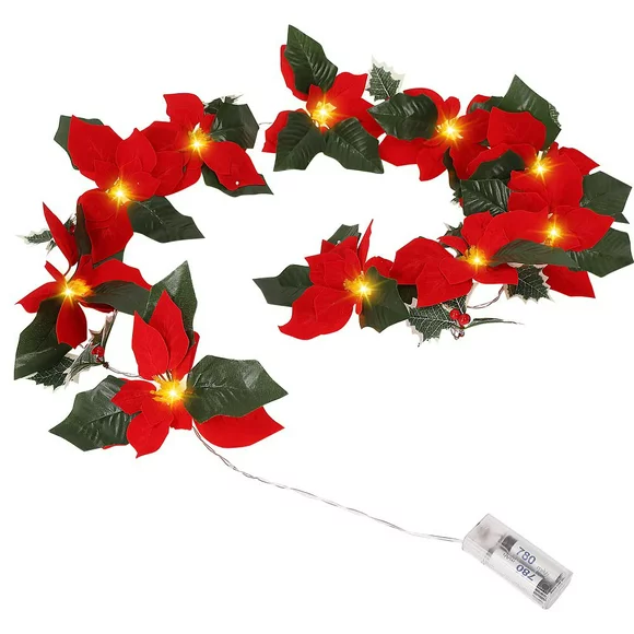6.5FT Pre-Lit Poinsettia Christmas Garland with Red Berries and Holly Leaves,Lighted Velvet Artificial Poinsettia Garland with 10 Lights for Christmas Decoration Flowers - Battery Operated