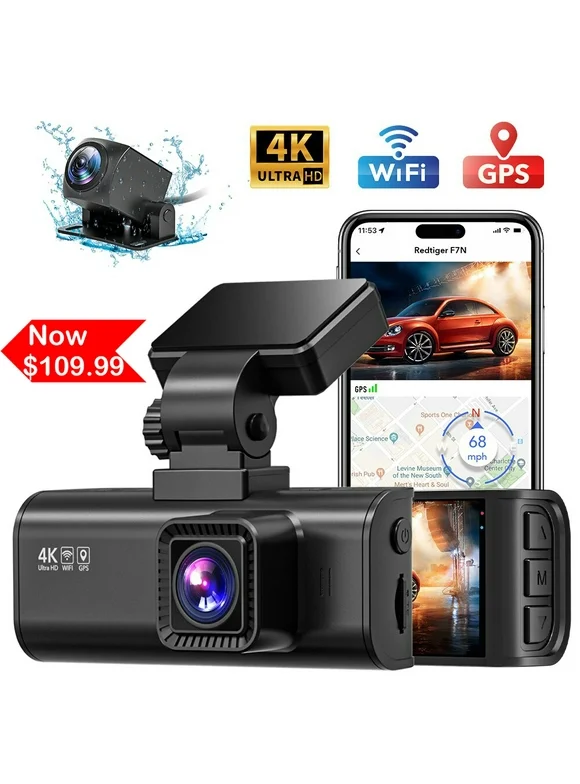 REDTIGER Dash Cam Front and Rear, 4K Dash Cam with WiFi & GPS, 4K/2.5K Front+1080P Rear Dash Camera with Night Vision, LCD Screen Display, Loop Recording,Black