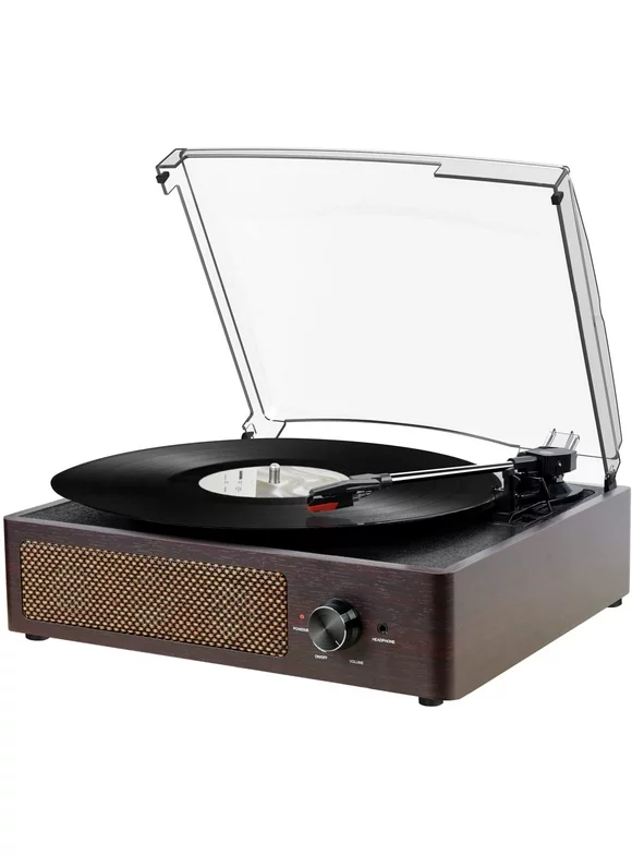 DIGITNOW Bluetooth Record Player Belt-Driven 3-Speed Turntable Built-in Stereo Speakers-Brown