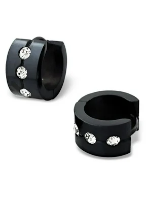 Black Stainless Steel Hoop Hugger Earrings with Cubic Zirconia