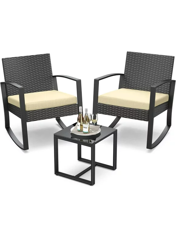 Bealife 3 Piece Patio Bistro Set, Outdoor Furniture Rocking Chair Set with Glass Table, Beige Cushion