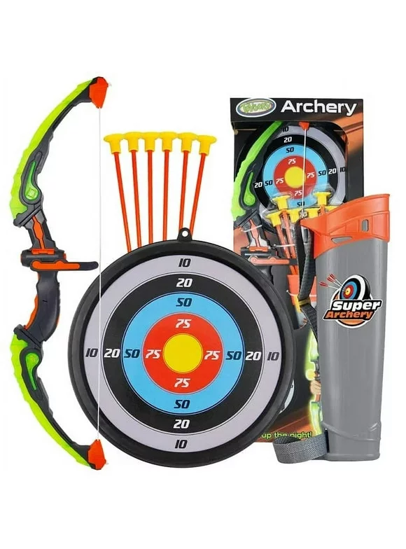 Toysery Green Kids Archery Bow and Arrow Toy Set with Target, Quiver, LED Bow and Arrow set for kids