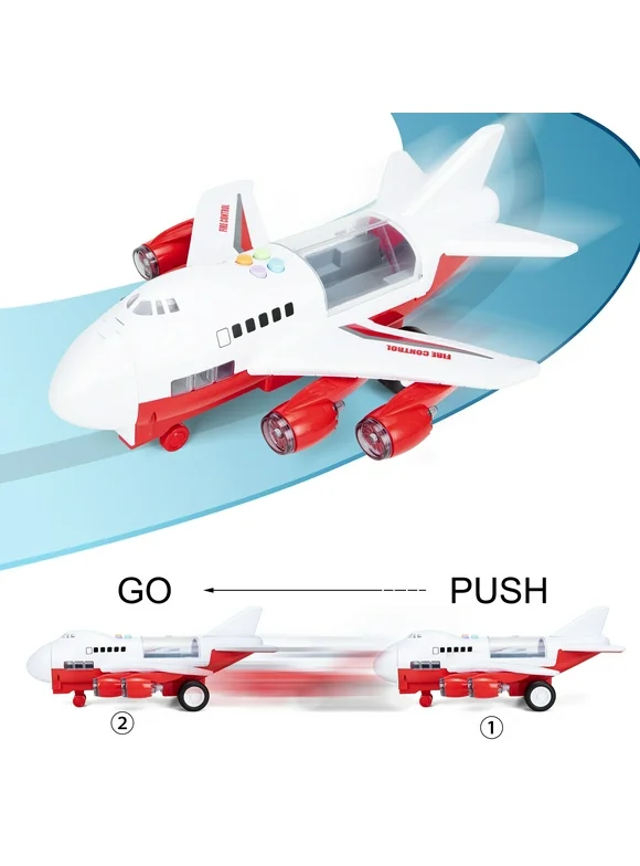 Car Toys Set with Transport Cargo Airplane, Educational Vehicles Fire Fighting Car Set for Kids Toddlers Child Gift for 3 4 5 6 Years Old, Large Play Mat,6 Trucks Large Plane 11 Road Signs/Red