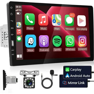 Podofo Single Din Car Stereo Radio 9'' Touch Screen Carplay  Universal Car Multimedia Player with Bluetooth FM Radio Receiver Mirror Link with 12 Leds Backup Camera