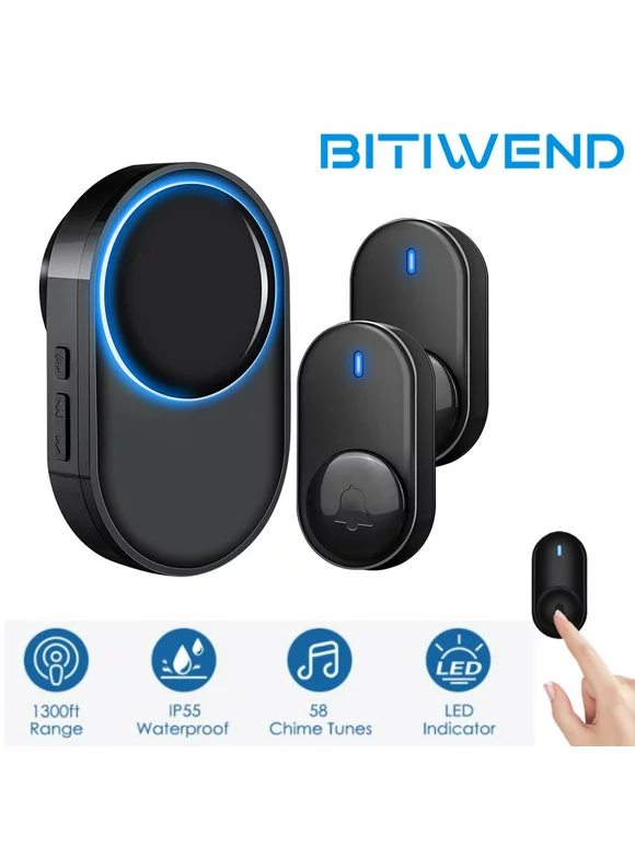 Bitiwend Wireless Doorbell, Waterproof Door Bell with 58 Melodies and 5 Levels Adjustable Volume, Easy Install, 1300 -Foot Range,1 Push Button & 1 Receiver,Black