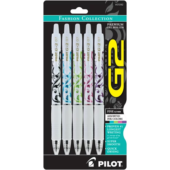 Pilot G2 White Barrel Fashion Collection Gel Pens, Fine Point, 0.7 mm, Assorted Ink Colors, Pack of 5