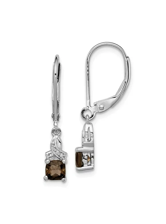Solid 925 Sterling Silver Chocolate Brown Smoky Quartz and Diamond Earrings - 26mm x 5mm
