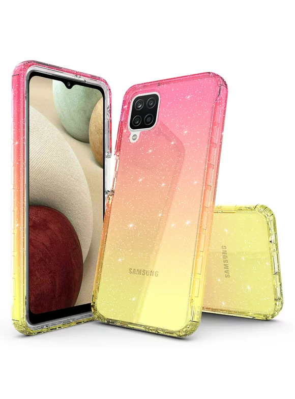 Samsung Galaxy A12 Case, Rosebono Hybrid Glitter Sparkle Transparent Colorful Gradient TPU Skin Cover 360 Protection Case For Samsung Galaxy A12 (Gold/Pink)