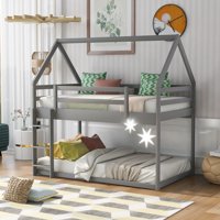 EUROCO Twin Over Twin House Bed, Low Bunk Bed for Kids, Gray