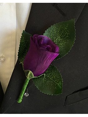 Classic Rose boutonniere with very nice vein pattern printed leaf. Pin included (Purple)