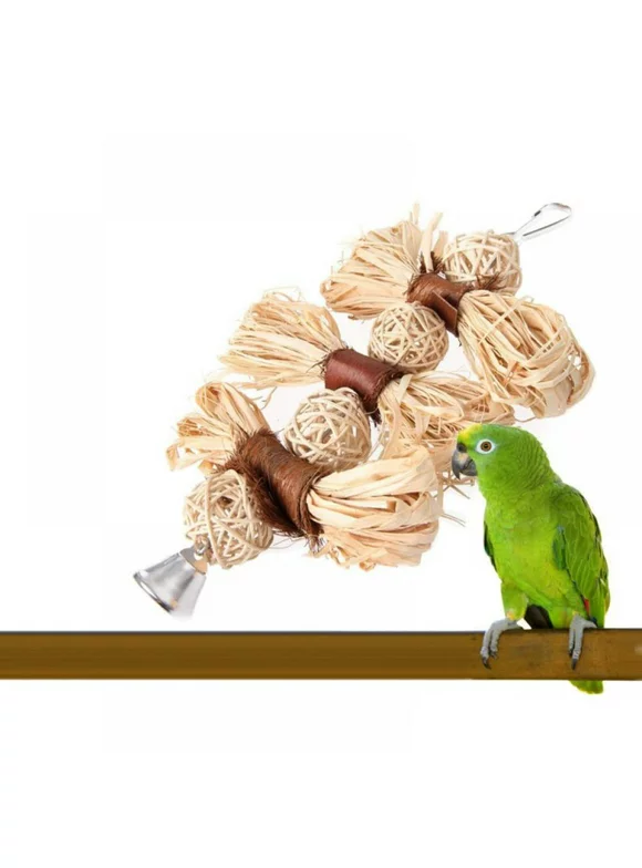 Bird Chewing Toys, Cuttlebone Woven Grass Woven Raw Wood Chew Calcium Supplement Hanging Toys Parrot Beak Grinding Stone with Bell Suitable for Small Birds