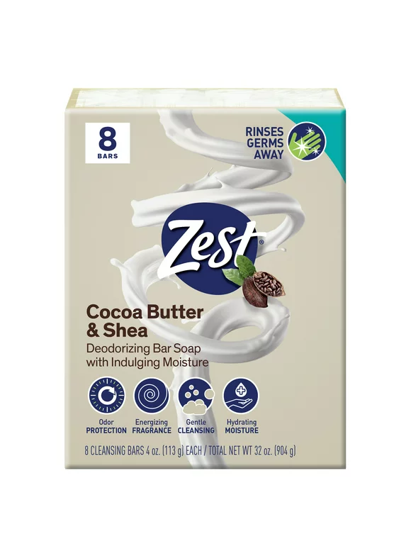 Zest Cocoa Butter & Shea Deodorizing Bar Soap with Indulging Moisture, 8 Bars, 4 Ounces Each