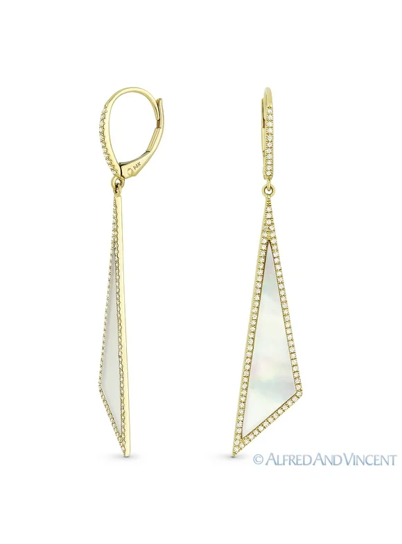 Mother-of-Pearl 0.42ct Diamond Pave Dangling Fancy Triangle Stiletto Earrings in 14k Yellow Gold