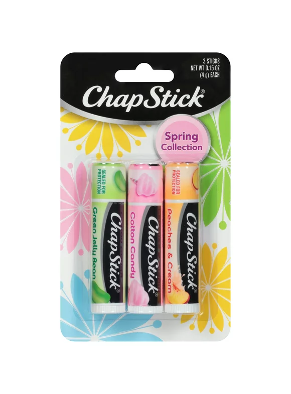ChapStick Spring Collection (Green Jelly Bean, Cotton Candy, Peaches & Cream Flavors, 0.15 Ounce ) Ea. Lip Balm Tube, Skin Protectant, Lip Care, (Packs of 3 Sticks)