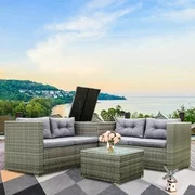 4-Piece Rattan Patio Furniture Sets, Wicker Bistro Patio Set with Ottoman, Glass Coffee Table, Outdoor Cushioned PE Rattan Wicker Sectional Sofa Set, Dining Table Sets for Backyard, Q10367