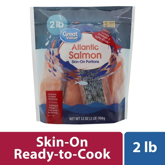 Great Value Skin on Atlantic Salmon Portions, 2 lb (Frozen)