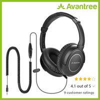 Avantree HF039 Long Coiled Cord Headphones for TV and PC with Volume Control, 16.4 Feet / 5M Extended Range Cable, 3.5mm AUX Audio, Stereo Sound Spiral Wired Over Ear Headphones