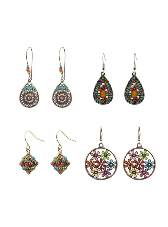 1 Sets 4 Pair/set Ethnic Style Alloy Earring Women Dangling Ear Hook Earring Girls Bohemian Ear Jewelries