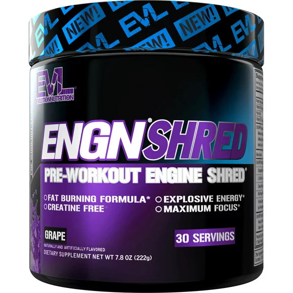 Thermogenic Fat Burner Pre Workout Powder - EVL ENGN Shred Creatine Free Preworkout - CLA, Beta-Alanine, L-Carnitine - Energy & Performance Booster 30 Servings (Grape)