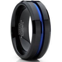 Men's Tungsten Carbide Black and Blue Wedding band Engagement Ring with Grooved Center, Comfort Fit 8mm