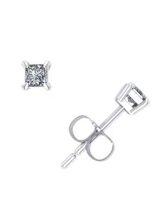 Genuine 0.10Ct Princess Cut Diamond Stud Earrings 14k White Gold Prong Push Back GH I1