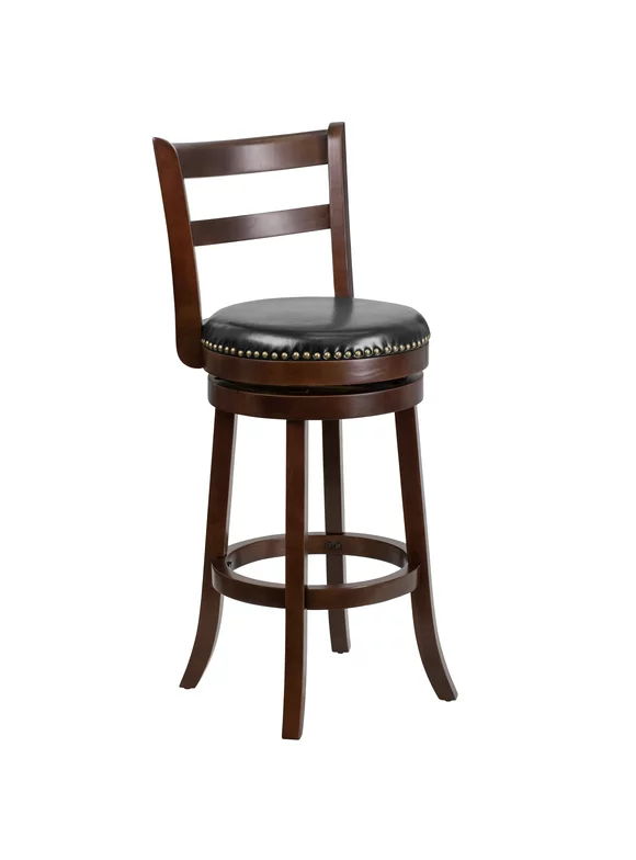Flash Furniture Becca 30'' High Cappuccino Wood Barstool with Single Slat Ladder Back and Black LeatherSoft Swivel Seat