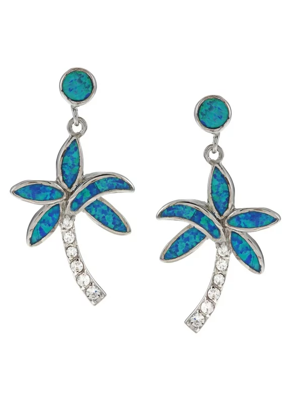 Beaux Bijoux Sterling Silver Blue Opal & CZ Palm Tree Earrings
