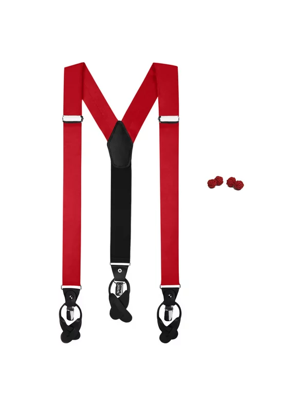 2 Piece Set: Jacob Alexander Solid Color Men's Suspenders and Cufflinks - Red