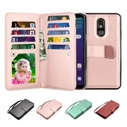 6.2" LG Stylo 5 Wallet Case, LG Stylus 5 PU Leather Case, Njjex Luxury Pu Leather 9 Card Slots Holder Carrying Folio Flip Cover [Detachable Magnetic Hard Case] & Kickstand & Hand Strap -Rose Gold